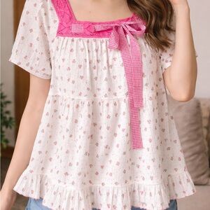 EASEL cherry tunic with gingham ribbon trim LARGE